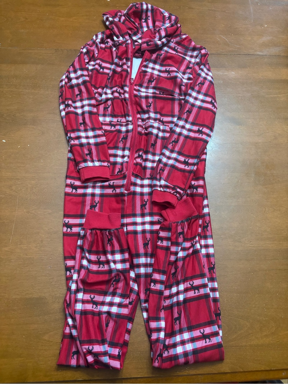 Red Plaid Hooded Kids Zip-Front Pajama Onesie with Reindeer Print